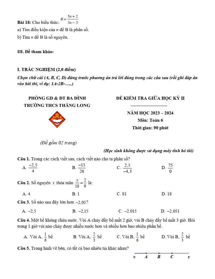 Đề cương ôn tập Giữa kì 2 Toán 6 trường THCS Thăng Long năm 2024-2025
