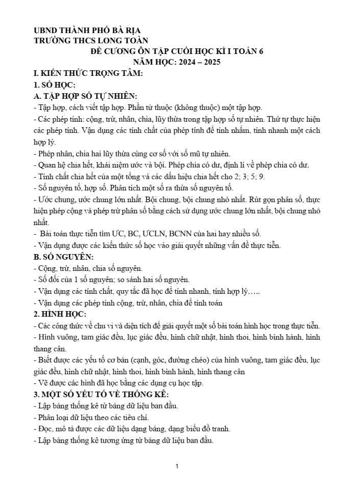 Đề cương ôn tập Học kì 1 Toán 6 trường THCS Long Toàn năm 2024-2025