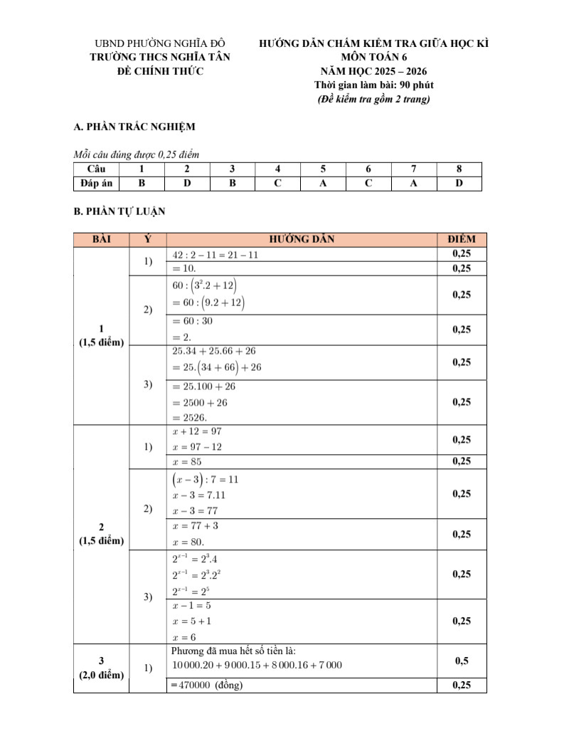 Đề thi Giữa kì 1 Toán 6 trường THCS Nghĩa Tân năm 2025-2026