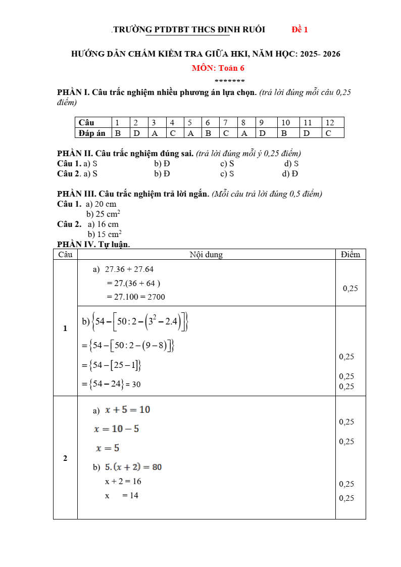 Đề thi Giữa kì 1 Toán 6 trường THCS Đinh Ruối năm 2025-2026