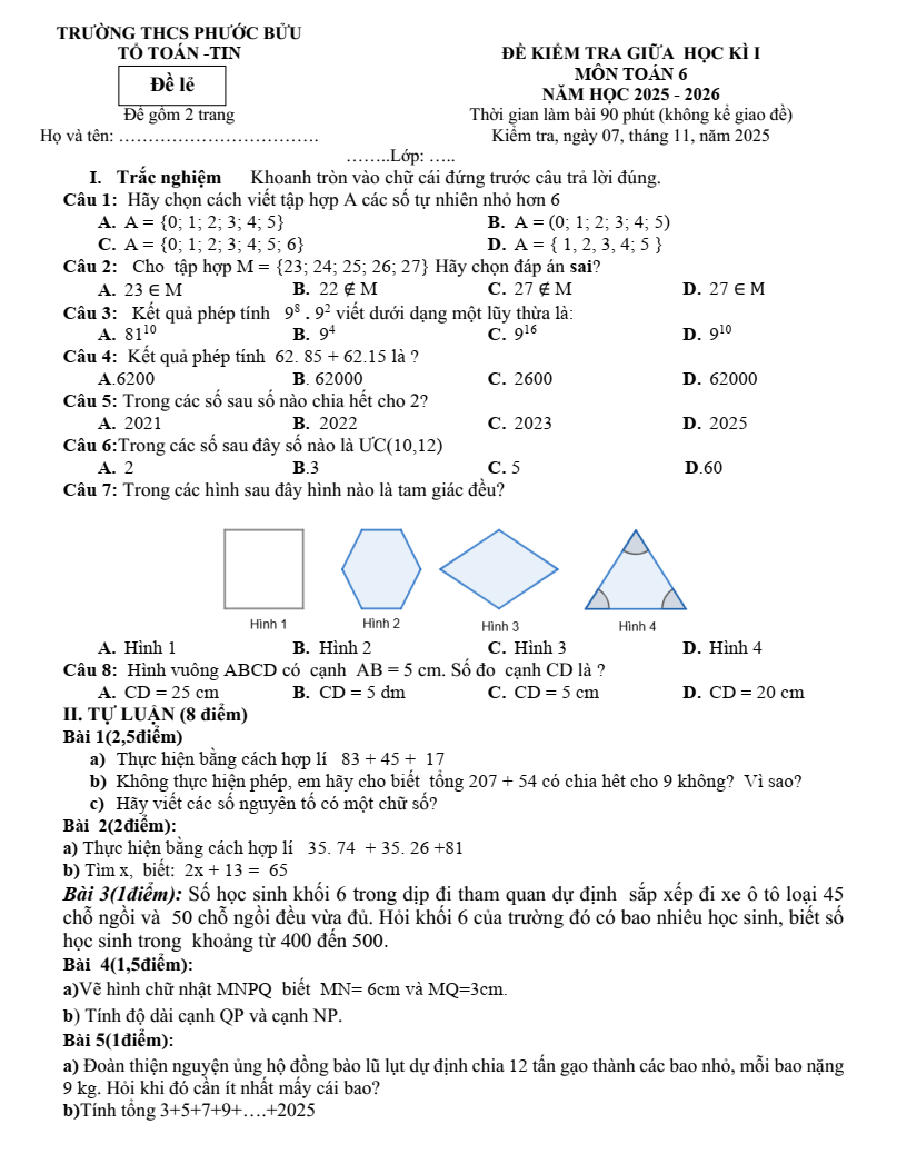 Đề thi Giữa kì 1 Toán 6 THCS Phước Bửu năm 2025-2026