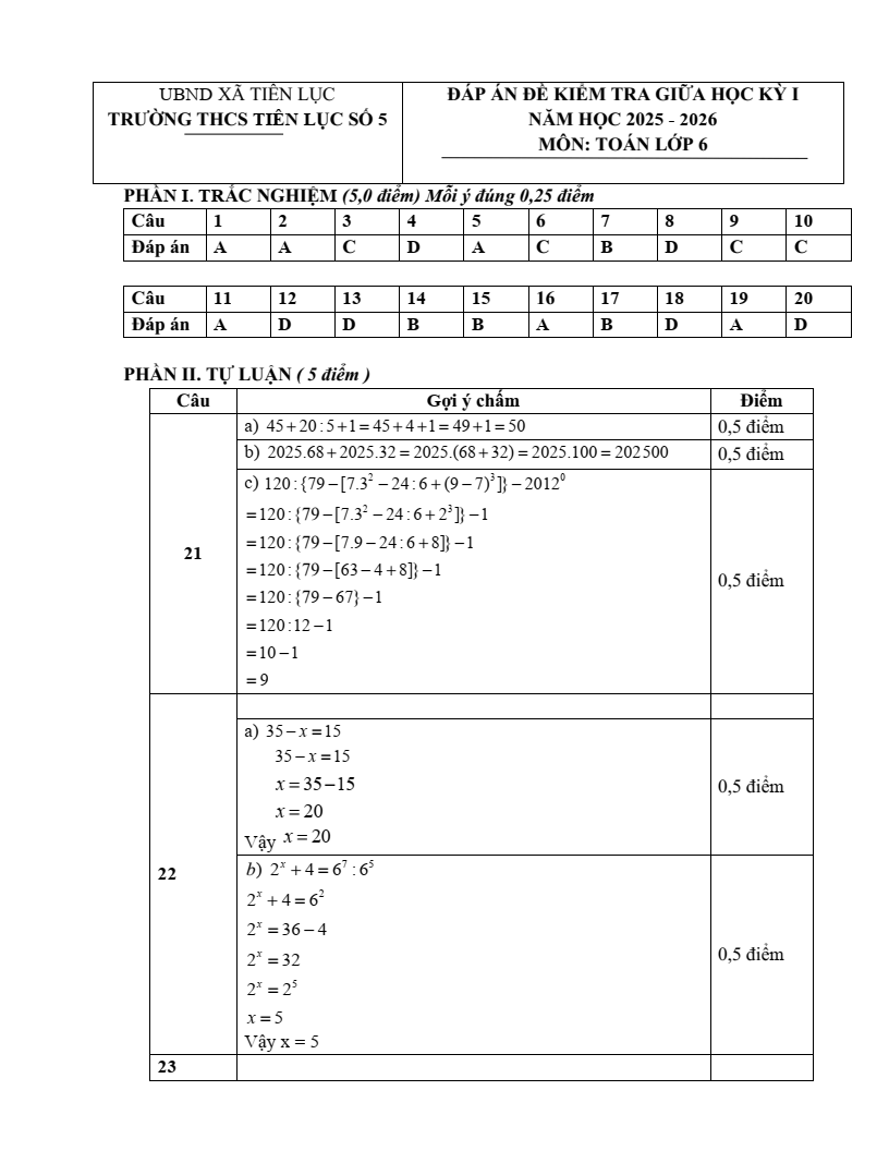 Đề thi Giữa kì 1 Toán 6 THCS Tiên Lục số 5 năm 2025-2026