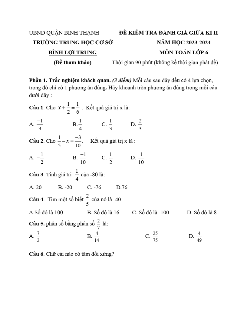 Đề thi Giữa kì 2 Toán 6 phòng GD&ĐT Bình Thạnh (Tp.HCM) năm 2023-2024
