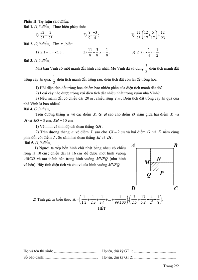 Đề thi Giữa kì 2 Toán 6 phòng GD&ĐT Giao Thủy (Nam Định) năm 2024-2025