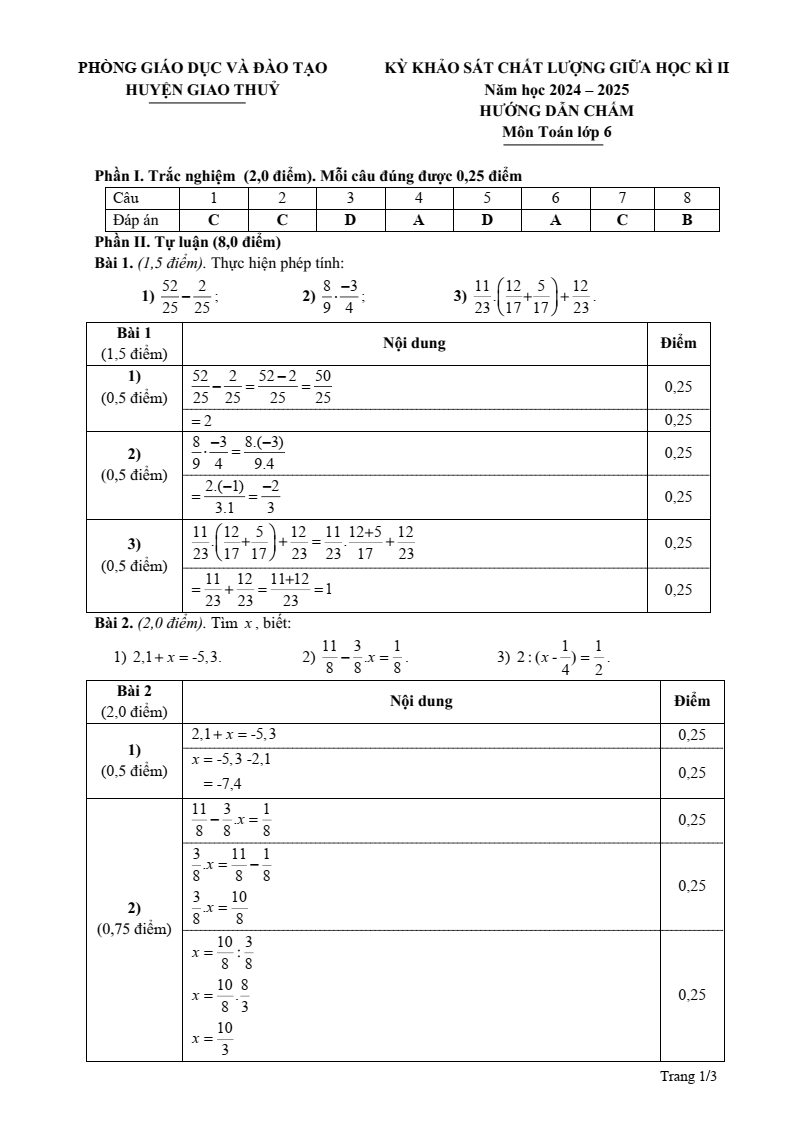 Đề thi Giữa kì 2 Toán 6 phòng GD&ĐT Giao Thủy (Nam Định) năm 2024-2025