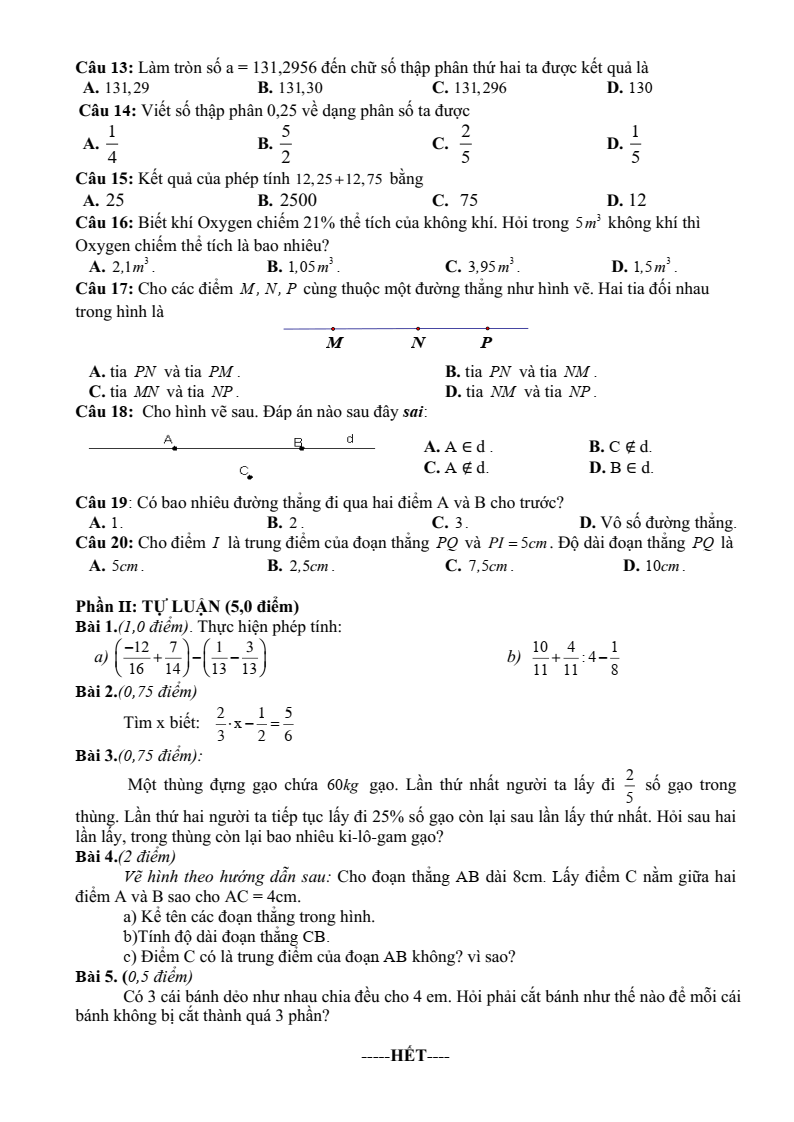 Đề thi Giữa kì 2 Toán 6 phòng GD&ĐT Hiệp Hòa (Bắc Giang) năm 2023-2024
