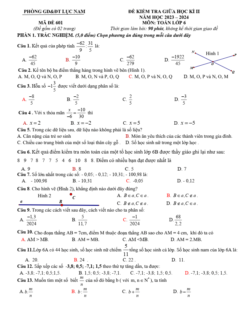 Đề thi Giữa kì 2 Toán 6 phòng GD&ĐT Lục Nam (Bắc Giang) năm 2023-2024
