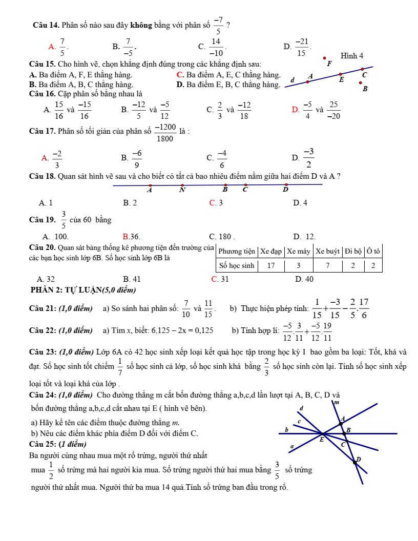 Đề thi Giữa kì 2 Toán 6 phòng GD&ĐT Lục Nam (Bắc Giang) năm 2023-2024