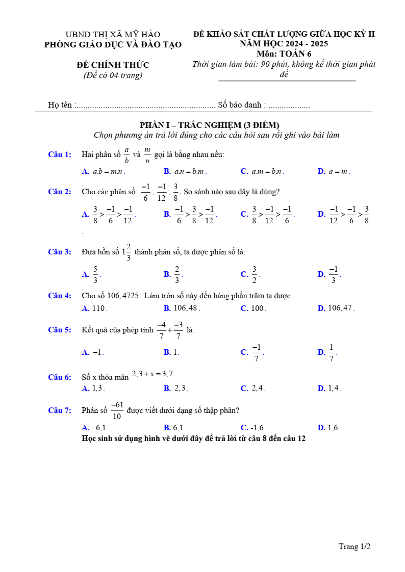 Đề thi Giữa kì 2 Toán 6 phòng GD&ĐT Mỹ Hào (Hưng Yên) năm 2024-2025