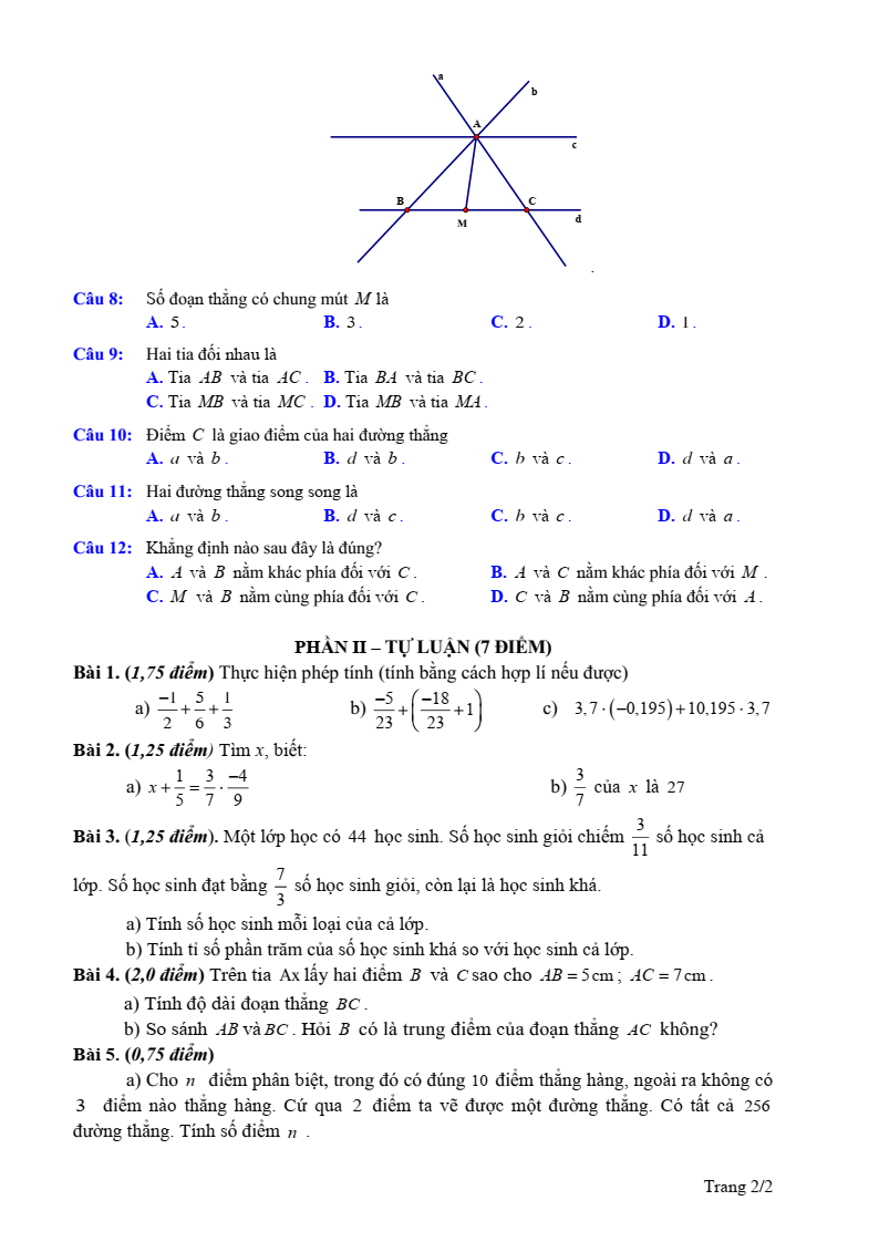 Đề thi Giữa kì 2 Toán 6 phòng GD&ĐT Mỹ Hào (Hưng Yên) năm 2024-2025