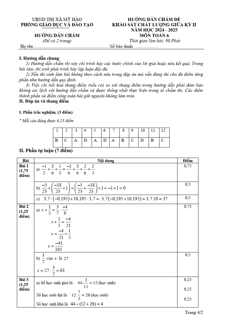 Đề thi Giữa kì 2 Toán 6 phòng GD&ĐT Mỹ Hào (Hưng Yên) năm 2024-2025
