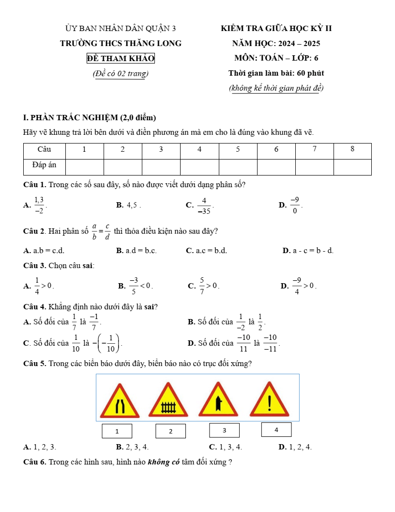 Đề thi Giữa kì 2 Toán 6 phòng GD&ĐT Quận 3 (Tp.HCM) năm 2024-2025