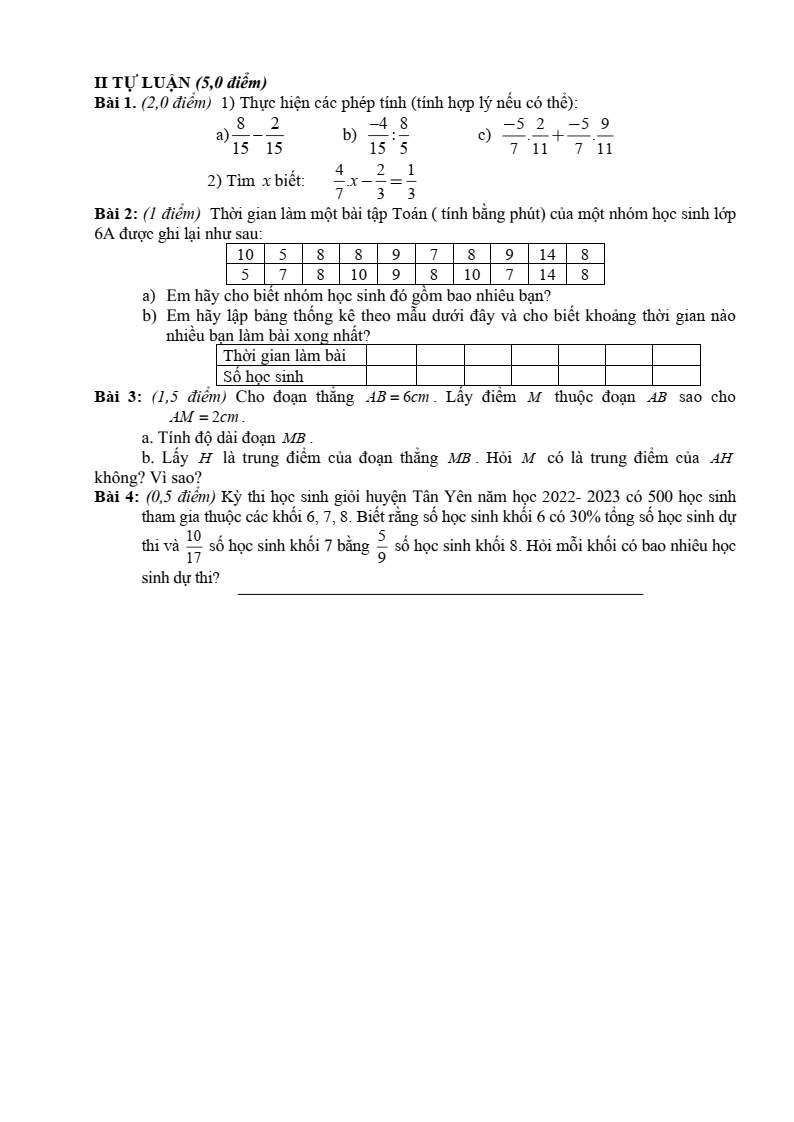 Đề thi Giữa kì 2 Toán 6 phòng GD&ĐT Tân Yên (Bắc Giang) năm 2023-2024