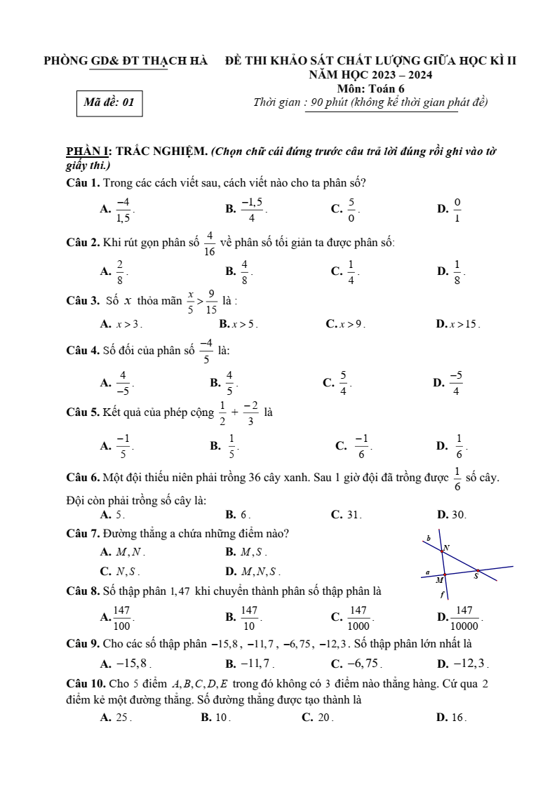 Đề thi Giữa kì 2 Toán 6 phòng GD&ĐT Thạch Hà (Hà Tĩnh) năm 2023-2024