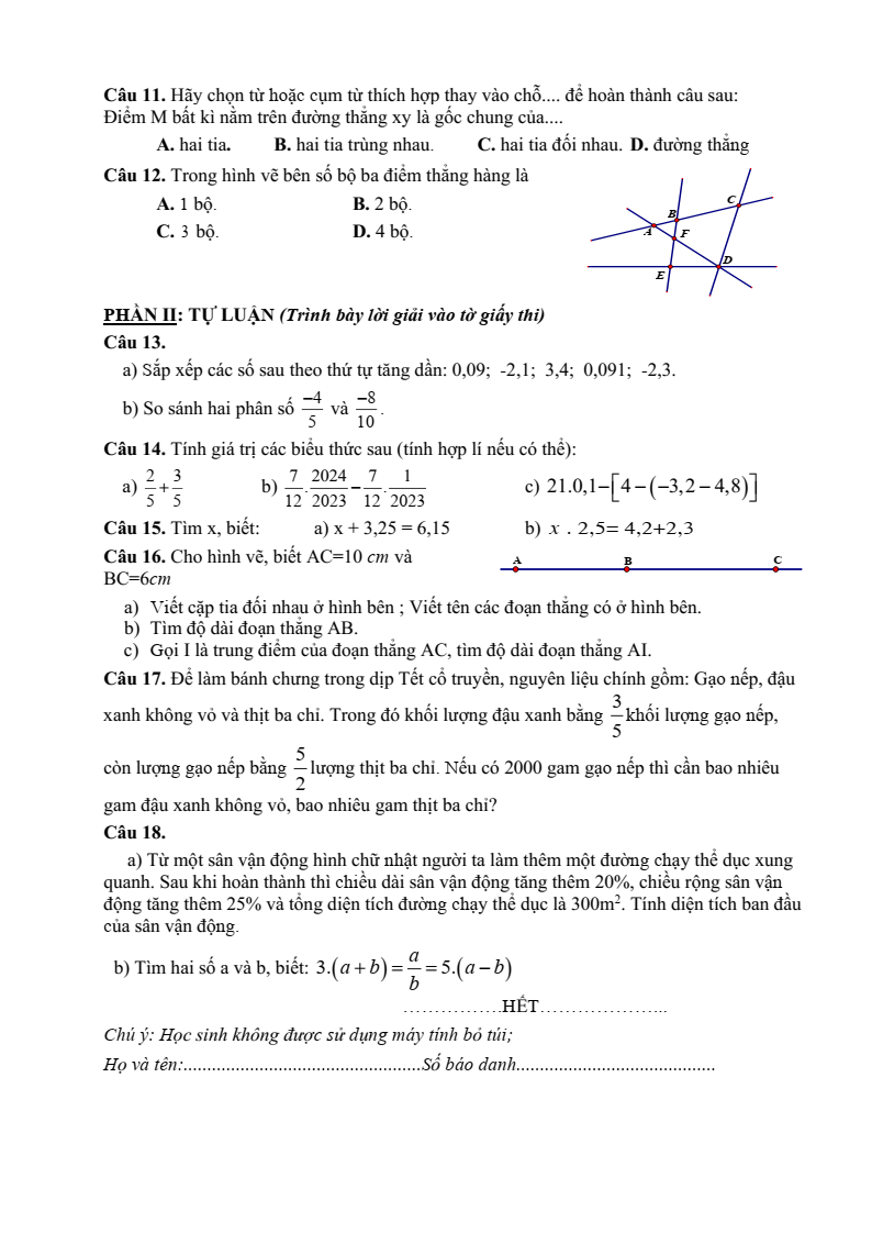 Đề thi Giữa kì 2 Toán 6 phòng GD&ĐT Thạch Hà (Hà Tĩnh) năm 2023-2024