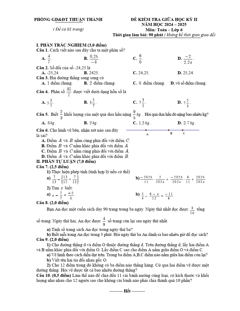 Đề thi Giữa kì 2 Toán 6 phòng GD&ĐT Thuận Thành (Bắc Ninh) năm 2024-2025