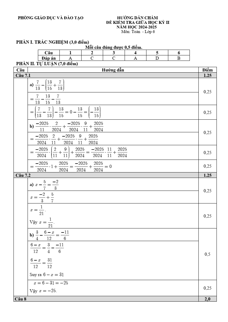 Đề thi Giữa kì 2 Toán 6 phòng GD&ĐT Thuận Thành (Bắc Ninh) năm 2024-2025