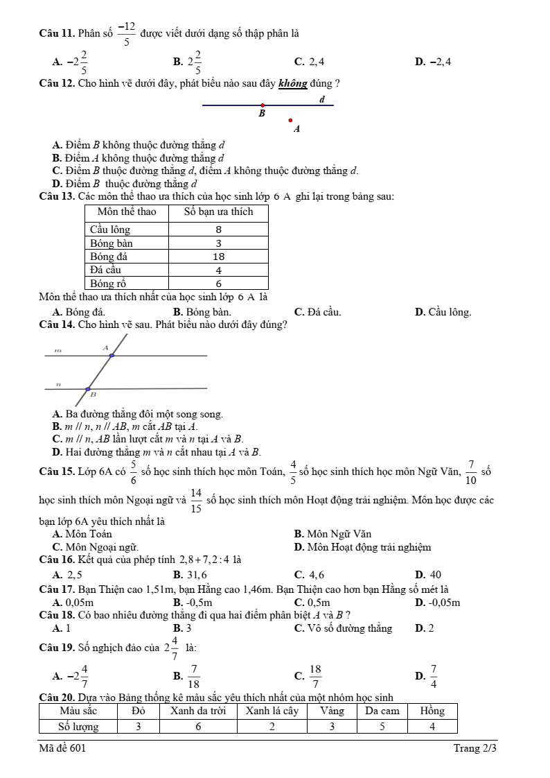 Đề thi Giữa kì 2 Toán 6 phòng GD&ĐT thành phố Bắc Giang năm 2023-2024