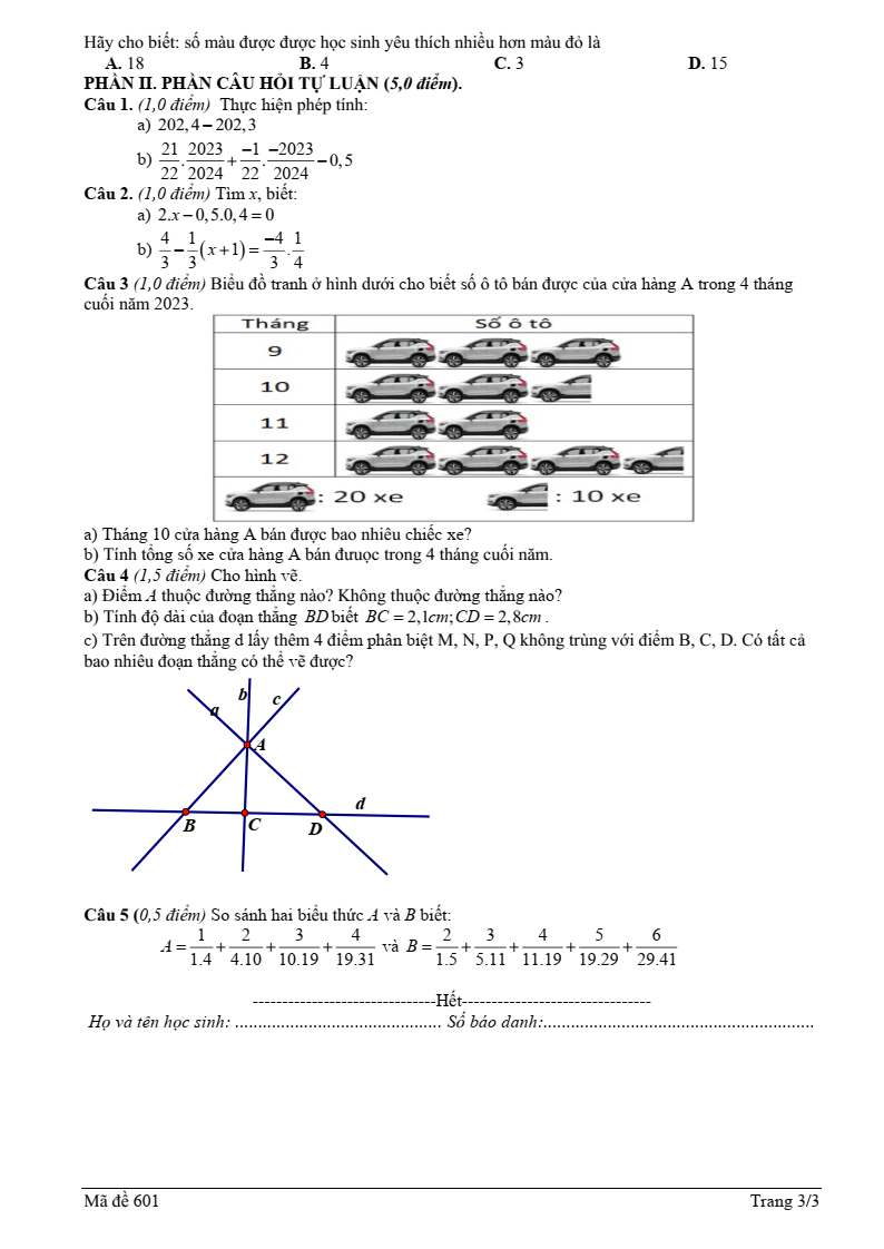 Đề thi Giữa kì 2 Toán 6 phòng GD&ĐT thành phố Bắc Giang năm 2023-2024