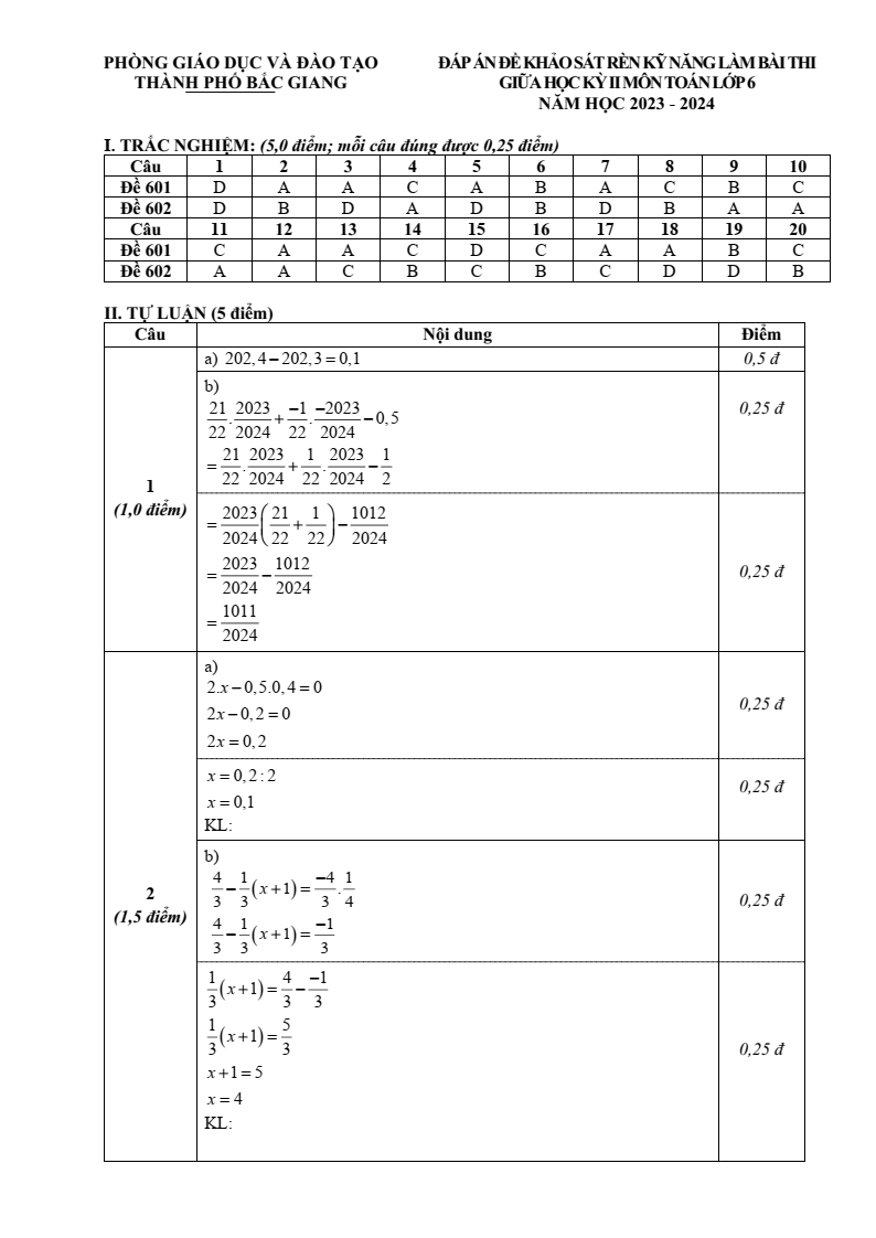 Đề thi Giữa kì 2 Toán 6 phòng GD&ĐT thành phố Bắc Giang năm 2023-2024