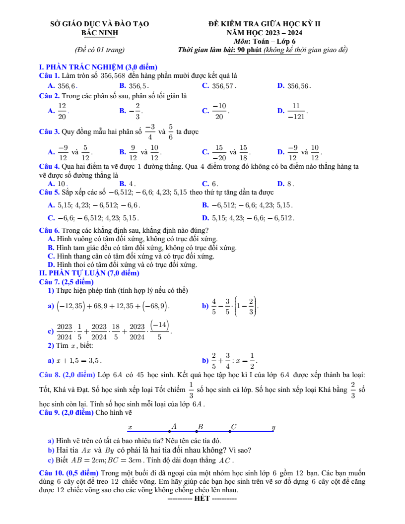 Đề thi Giữa kì 2 Toán 6 sở GD&ĐT Bắc Ninh năm 2023-2024