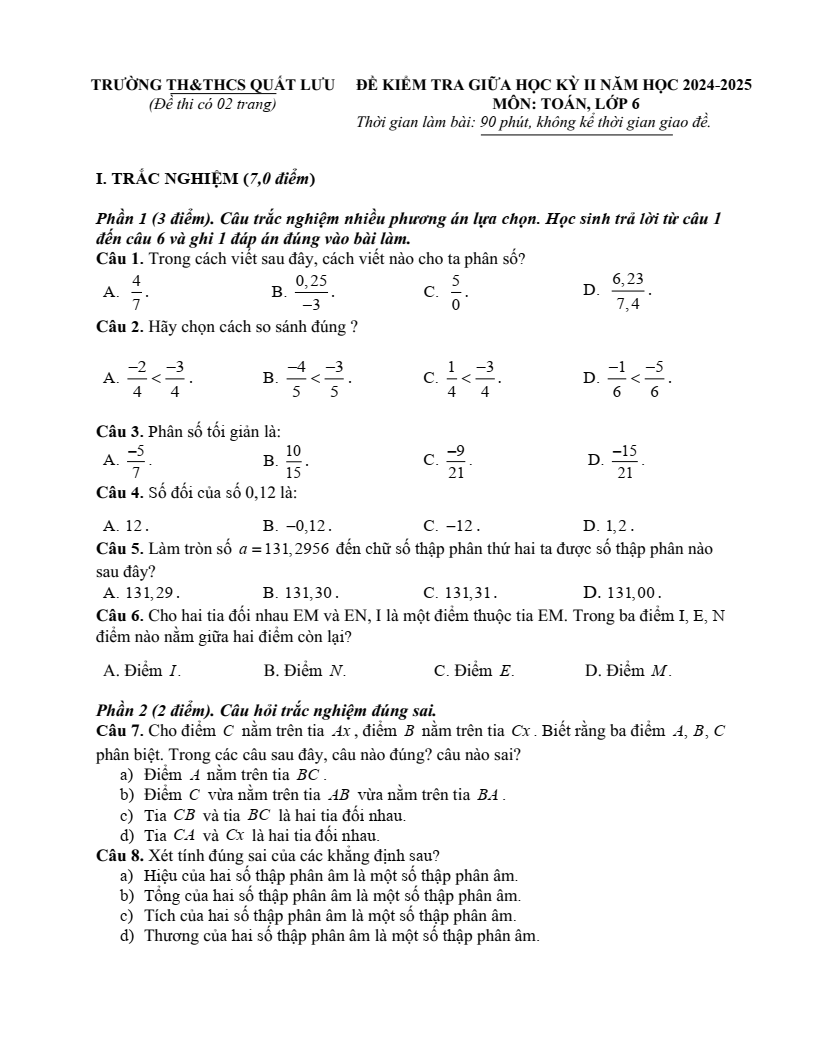 Đề thi Giữa kì 2 Toán 6 trường TH&THCS Quất Lưu (Vĩnh Phúc) năm 2024-2025