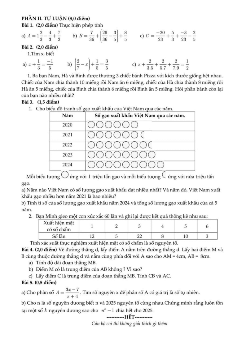 Đề thi Giữa kì 2 Toán 6 trường THCS Cầu Giấy (Hà Nội) năm 2024-2025