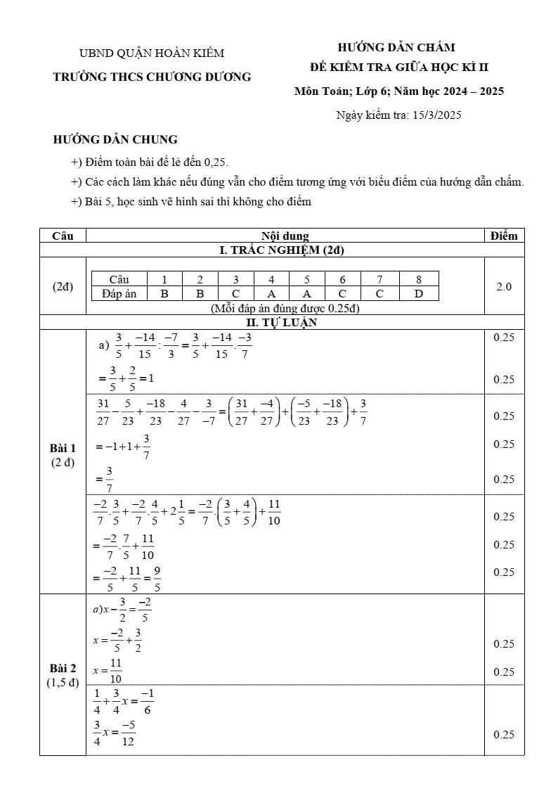 Đề thi Giữa kì 2 Toán 6 trường THCS Chương Dương (Hà Nội) năm 2024-2025