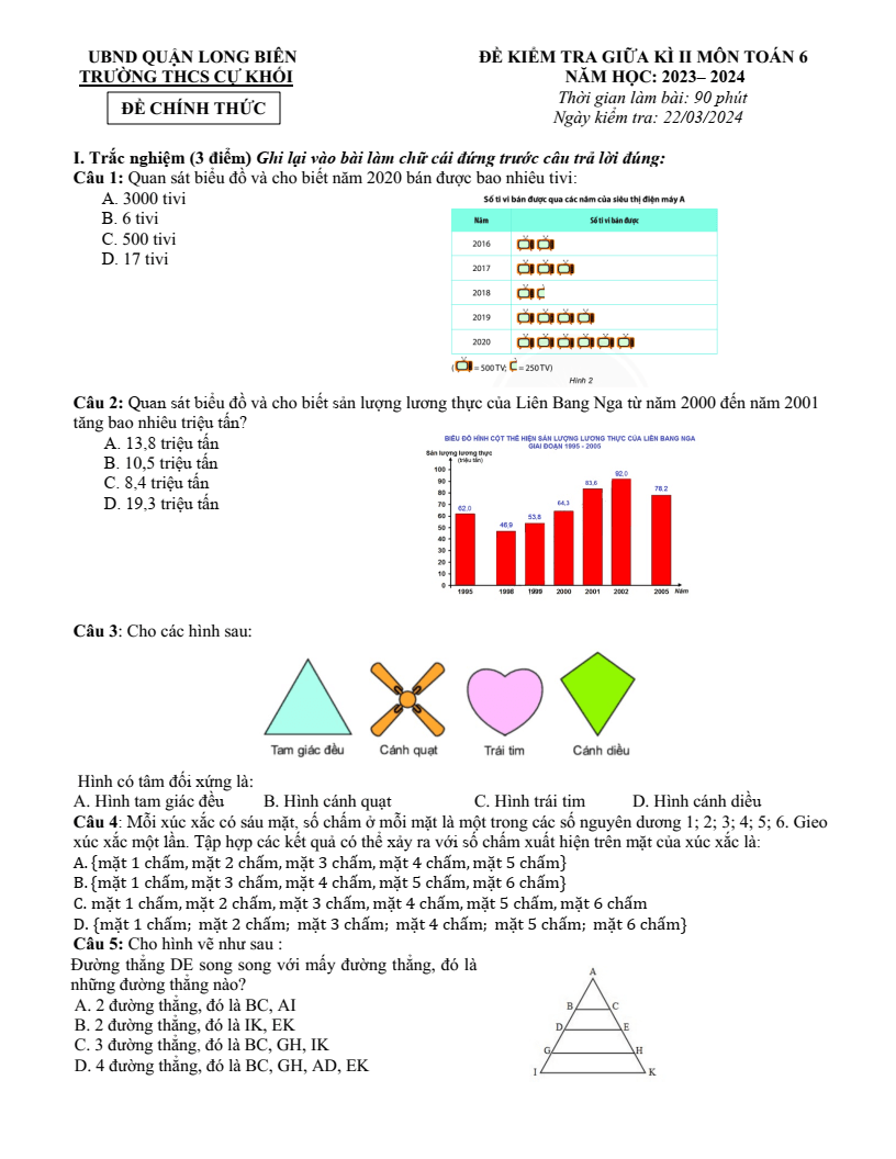 Đề thi Giữa kì 2 Toán 6 trường THCS Cự Khối (Hà Nội) năm 2023-2024