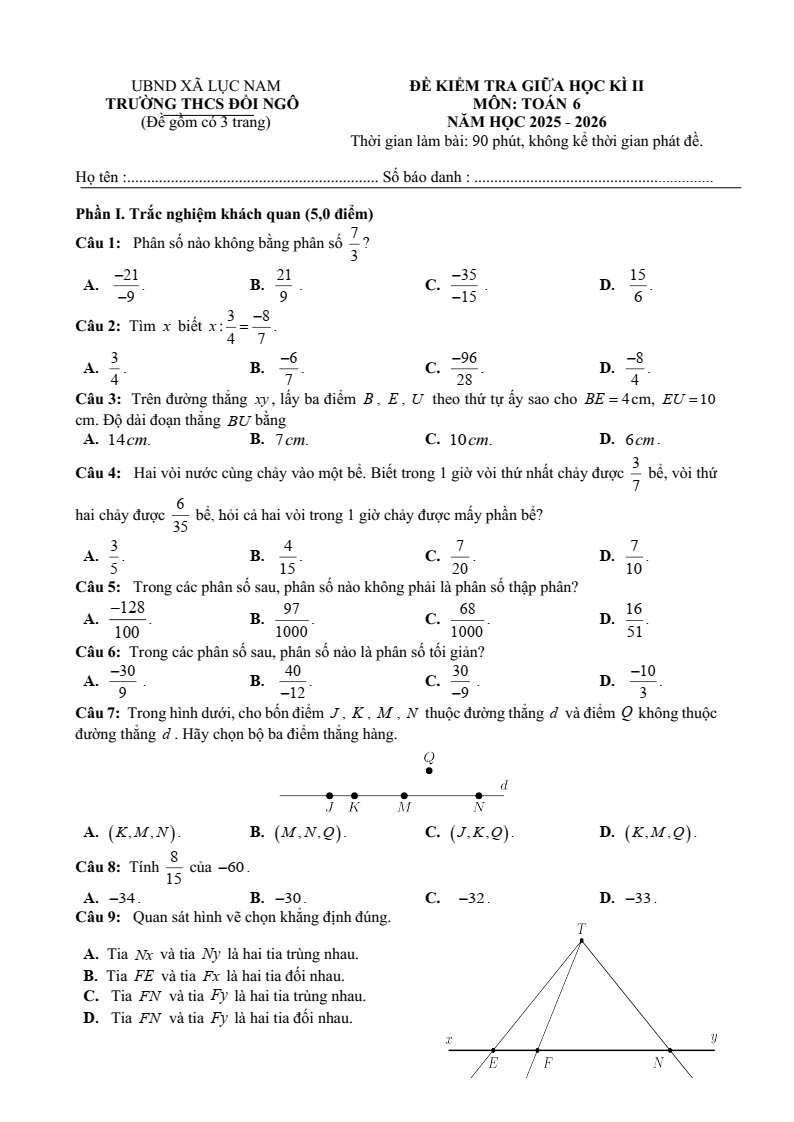 Đề thi Giữa kì 2 Toán 6 trường THCS Đồi Ngô (Bắc Ninh) năm 2025-2026