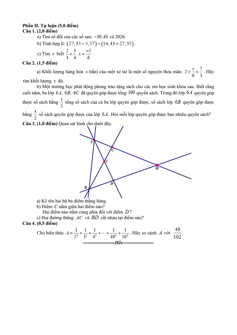 Đề thi Giữa kì 2 Toán 6 trường THCS Đồi Ngô (Bắc Ninh) năm 2025-2026