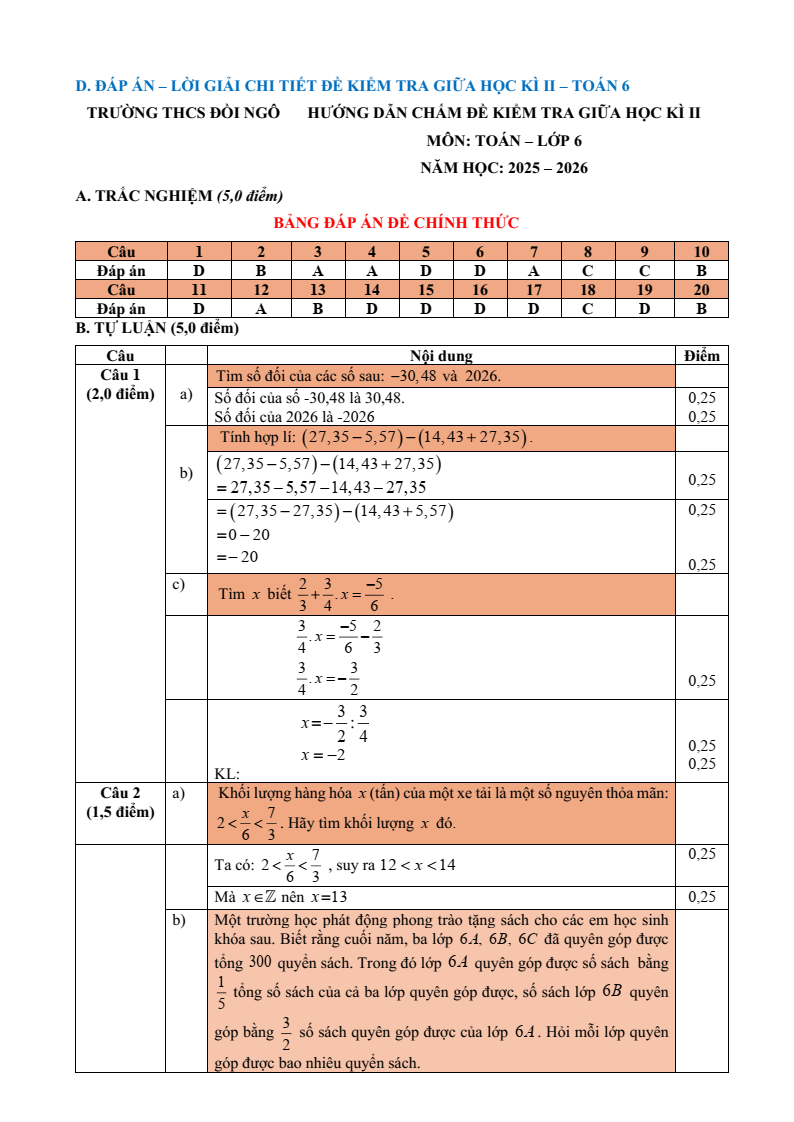 Đề thi Giữa kì 2 Toán 6 trường THCS Đồi Ngô (Bắc Ninh) năm 2025-2026