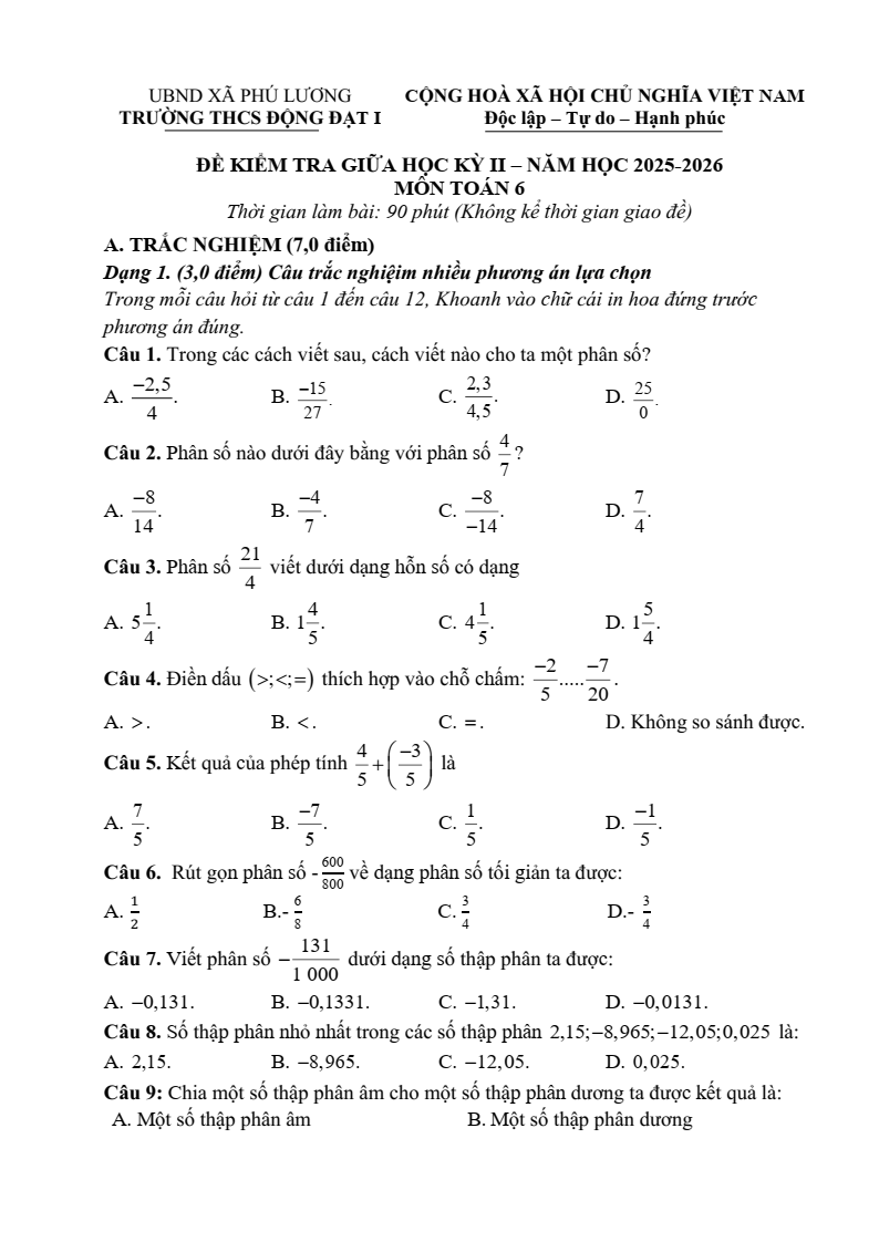 Đề thi Giữa kì 2 Toán 6 trường THCS Động Đạt I (Thái Nguyên) năm 2025-2026