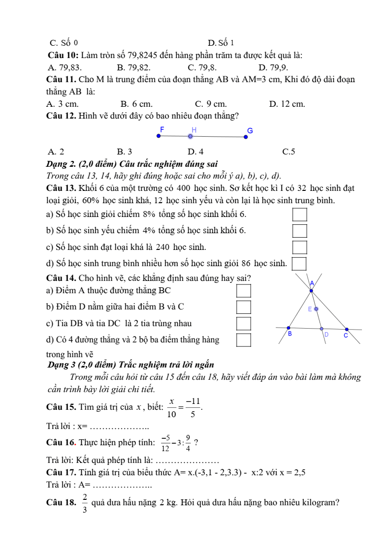 Đề thi Giữa kì 2 Toán 6 trường THCS Động Đạt I (Thái Nguyên) năm 2025-2026