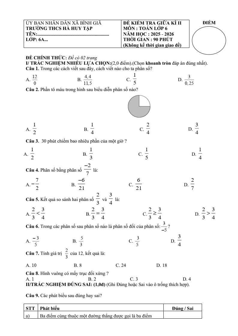 Đề thi Giữa kì 2 Toán 6 trường THCS Hà Huy Tập (TP HCM) năm 2025-2026