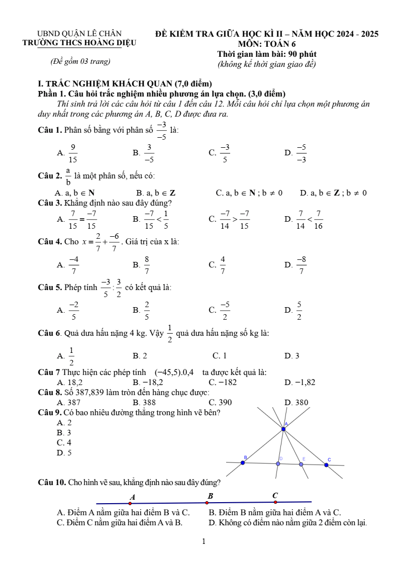 Đề thi Giữa kì 2 Toán 6 trường THCS Hoàng Diệu (Hải Phòng) năm 2024-2025