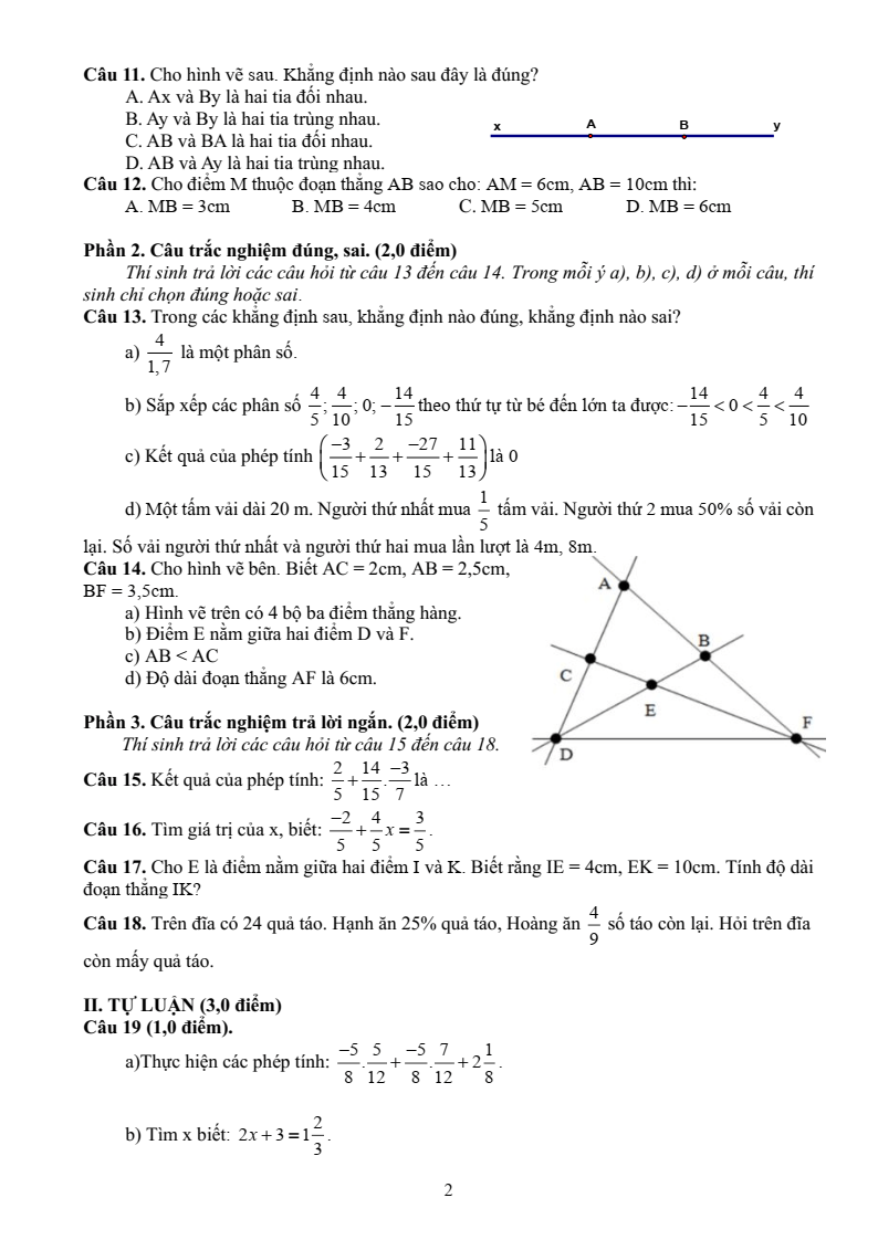 Đề thi Giữa kì 2 Toán 6 trường THCS Hoàng Diệu (Hải Phòng) năm 2024-2025