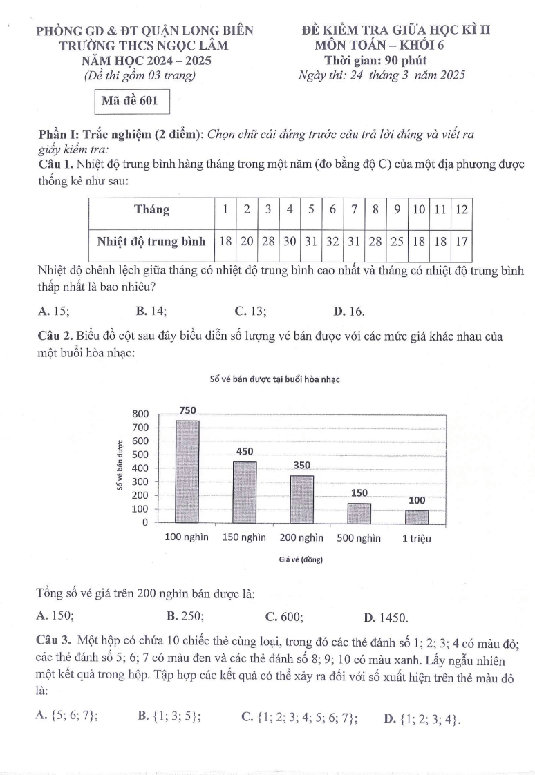 Đề thi Giữa kì 2 Toán 6 trường THCS Ngọc Lâm (Hà Nội) năm 2024-2025