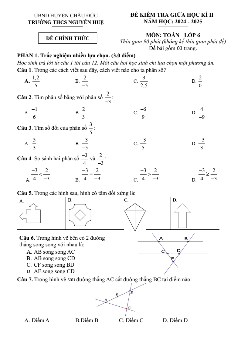 Đề thi Giữa kì 2 Toán 6 trường THCS Nguyễn Huệ (Bà Rịa - Vũng Tàu) năm 2024-2025