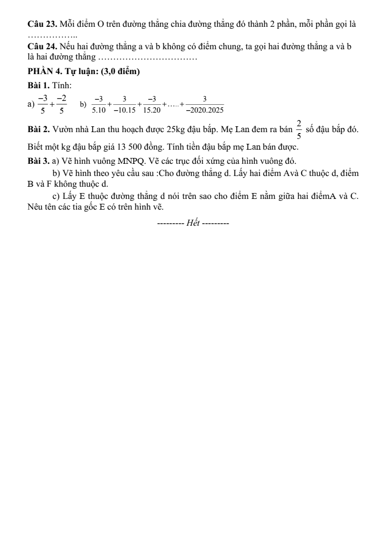 Đề thi Giữa kì 2 Toán 6 trường THCS Nguyễn Huệ (Bà Rịa - Vũng Tàu) năm 2024-2025