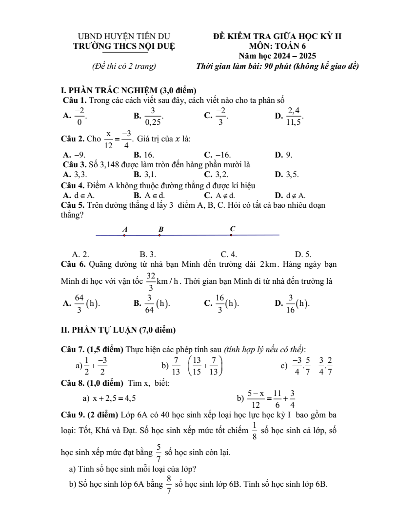 Đề thi Giữa kì 2 Toán 6 trường THCS Nội Duệ (Bắc Ninh) năm 2024-2025