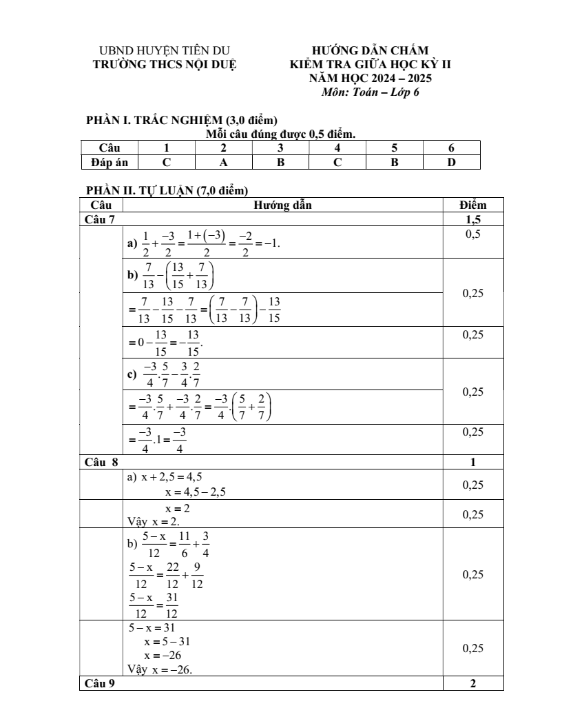 Đề thi Giữa kì 2 Toán 6 trường THCS Nội Duệ (Bắc Ninh) năm 2024-2025