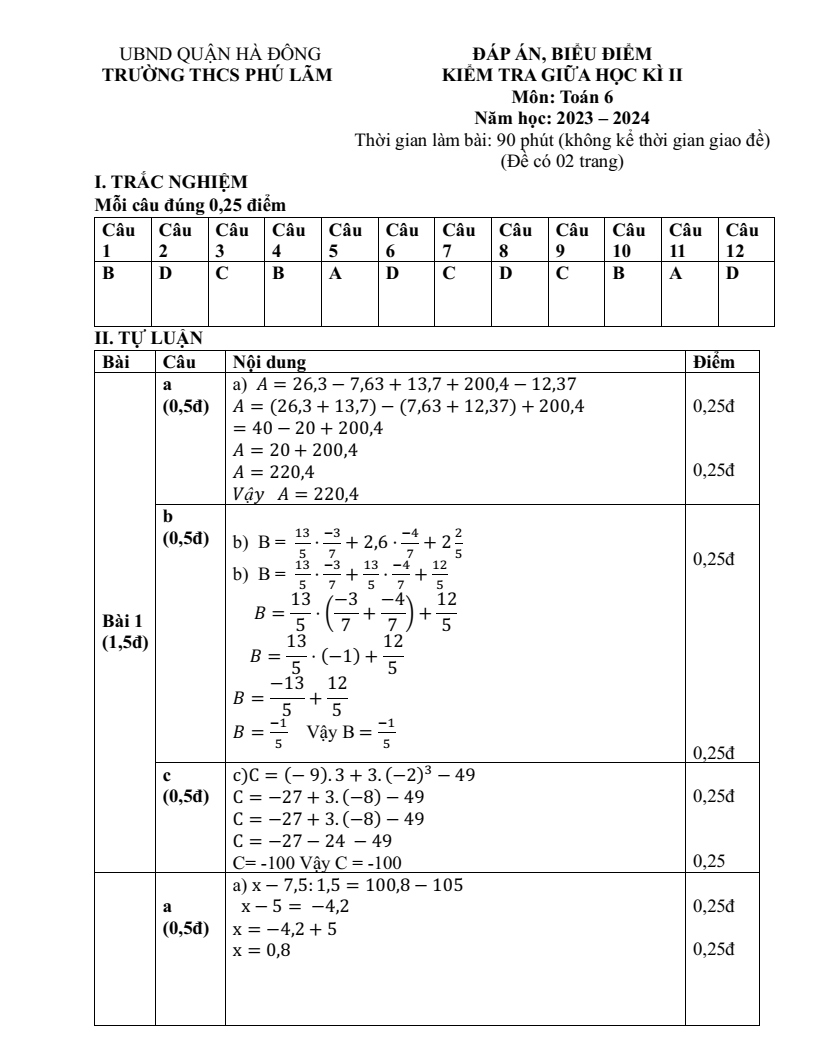 Đề thi Giữa kì 2 Toán 6 trường THCS Phú Lãm (Hà Nội) năm 2023-2024