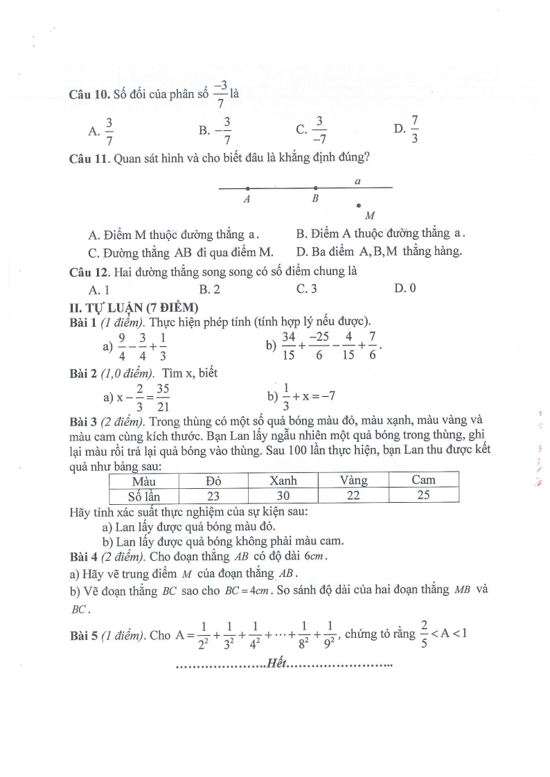 Đề thi Giữa kì 2 Toán 6 trường THCS Phúc Đồng (Hà Nội) năm 2023-2024