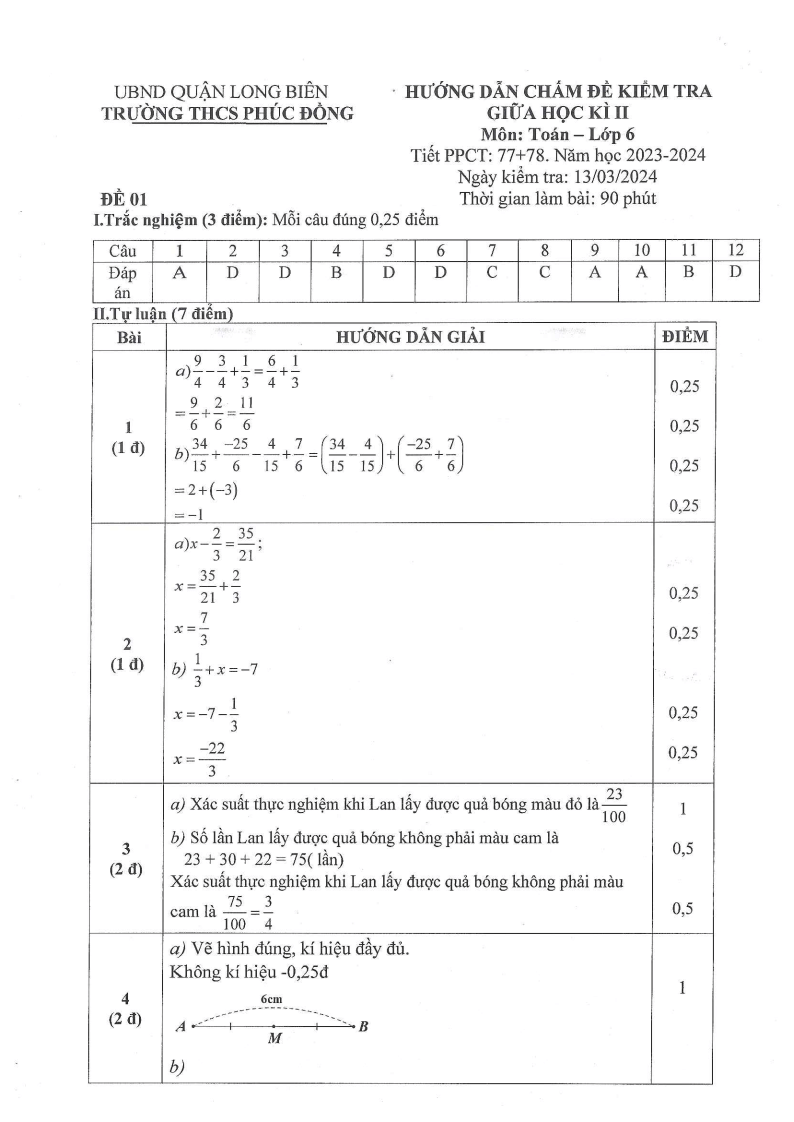 Đề thi Giữa kì 2 Toán 6 trường THCS Phúc Đồng (Hà Nội) năm 2023-2024