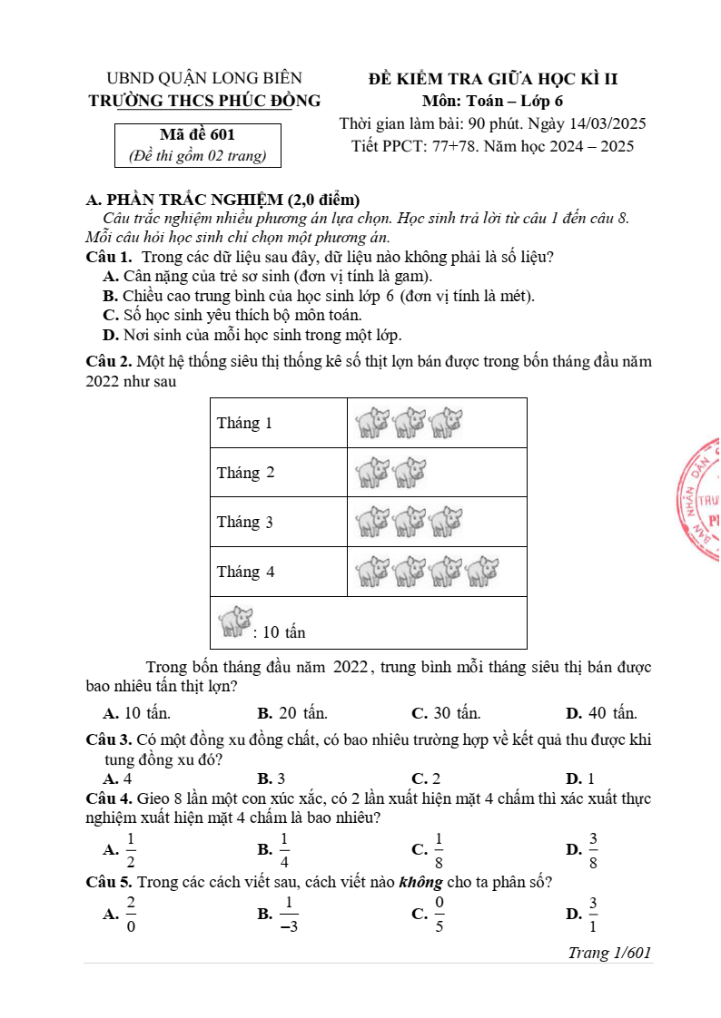 Đề thi Giữa kì 2 Toán 6 trường THCS Phúc Đồng (Hà Nội) năm 2024-2025