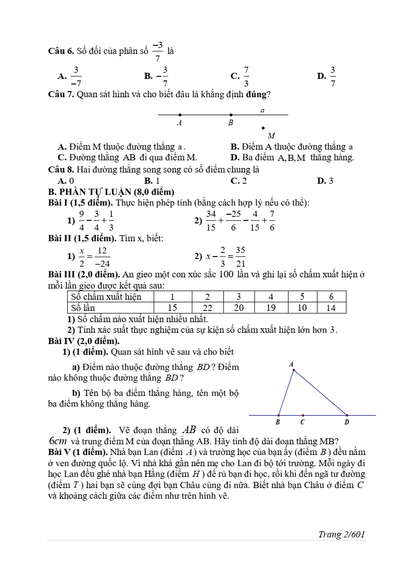 Đề thi Giữa kì 2 Toán 6 trường THCS Phúc Đồng (Hà Nội) năm 2024-2025