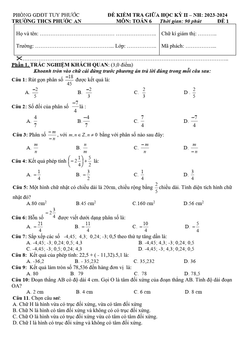 Đề thi Giữa kì 2 Toán 6 trường THCS Phước An (Bình Định) năm 2023-2024