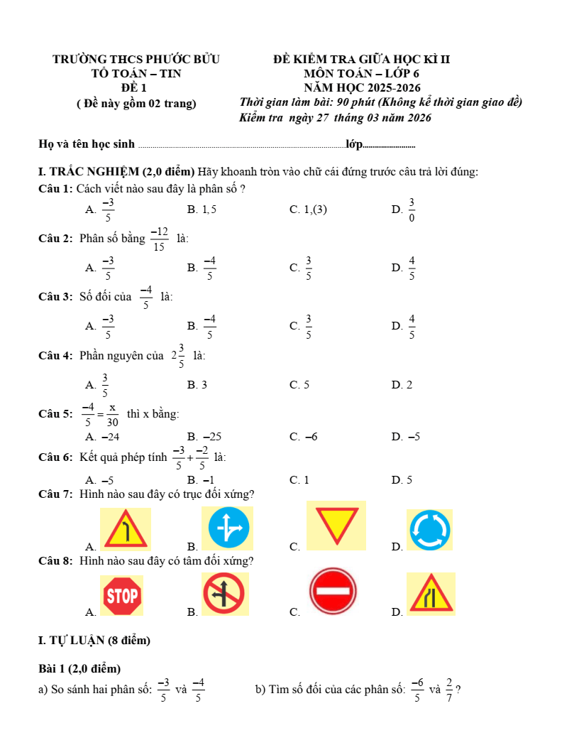 Đề thi Giữa kì 2 Toán 6 trường THCS Phước Bửu (TP HCM) năm 2025-2026
