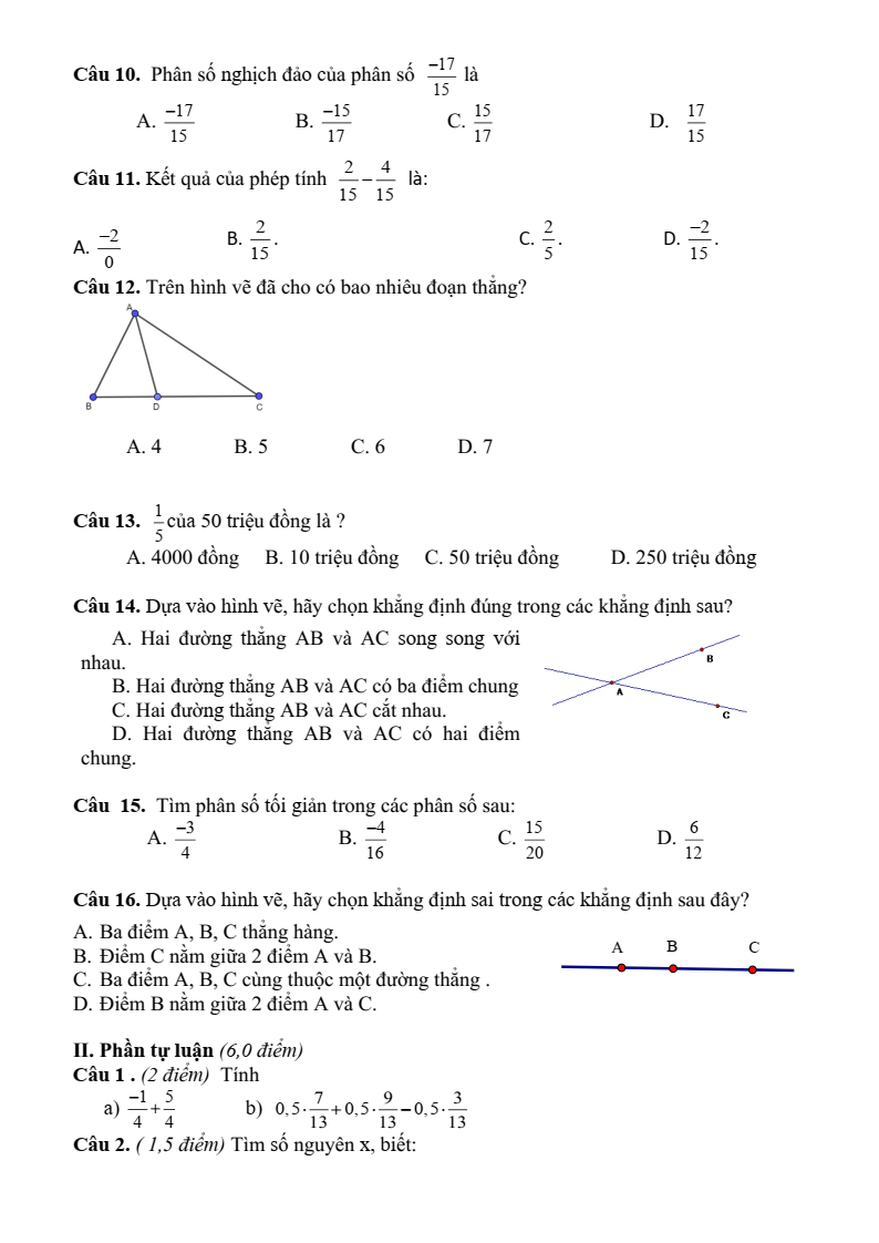 Đề thi Giữa kì 2 Toán 6 trường THCS Quỳnh Xuân (Nghệ An) năm 2023-2024